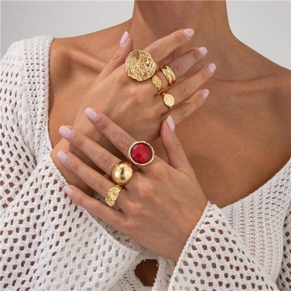 Vintage Boho Gemstone Ring Set – 6-8pc Gold-Tone Stackable Statement Rings - Picture 5 of 6